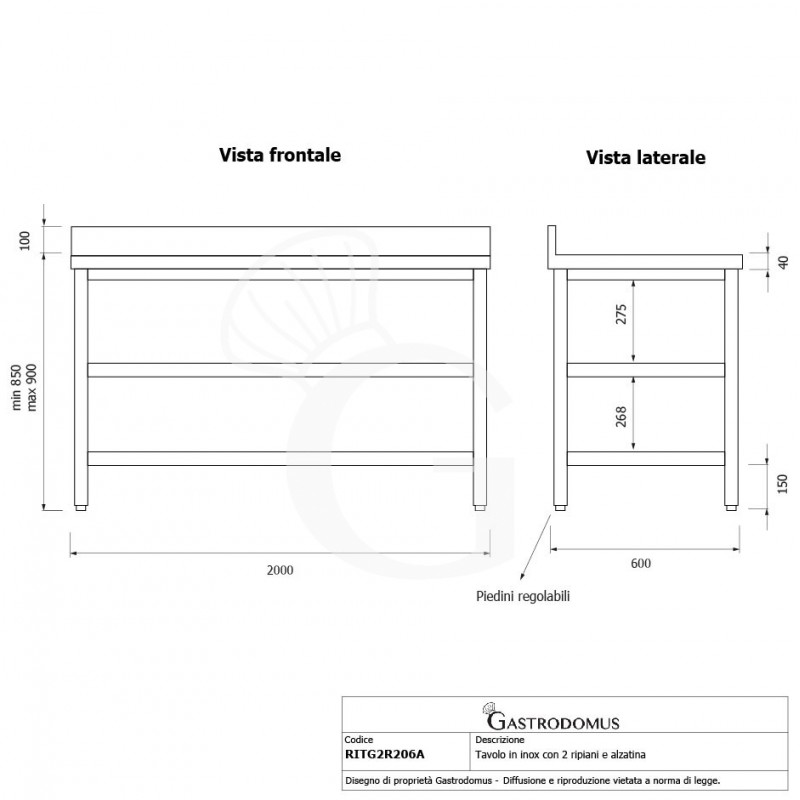 Edelstahltisch 2 Regalböden Aufsatz B 2000 mm x T 600 mm x H 950 mm