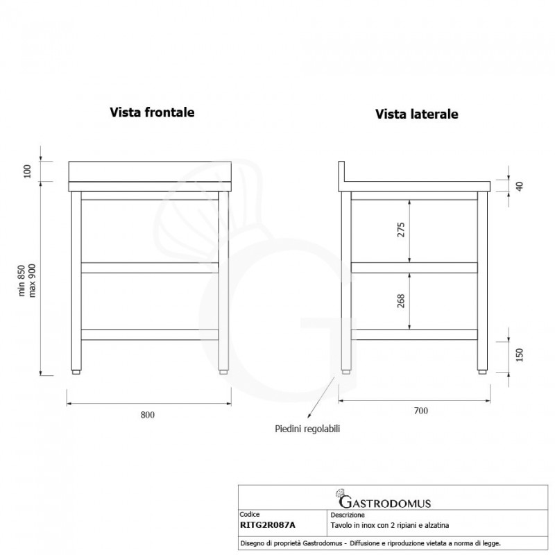 Edelstahltisch 2 Regalböden Aufsatz B 800 mm x T 700 mm x H 950 mm