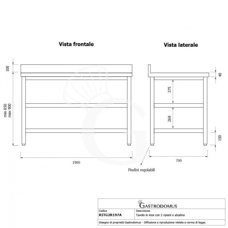 Tavolo semplice in acciaio inox con 2 ripiani, alzatina e misure L 1900 mm x P 700 mm x H 850 mm