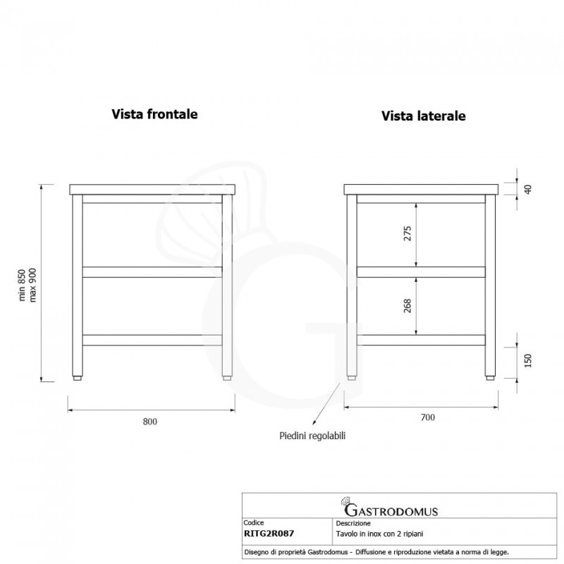 Edelstahltisch, 2 Regalböden, B 800 mm x T 700 mm x H 850 mm