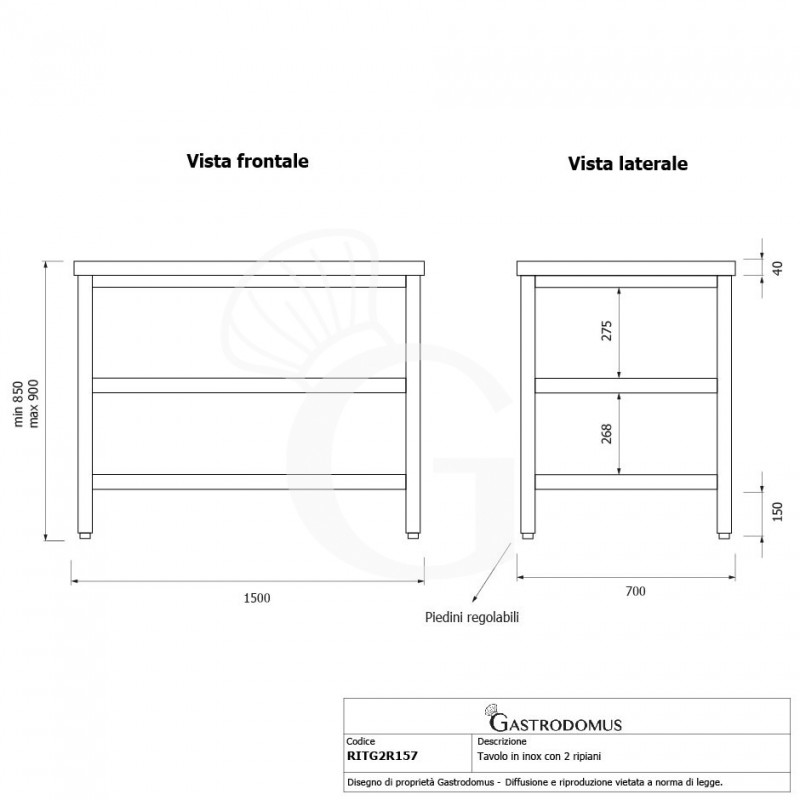 Edelstahltisch 2 Regalböden B 1500 mm x T 700 mm x H 850 mm