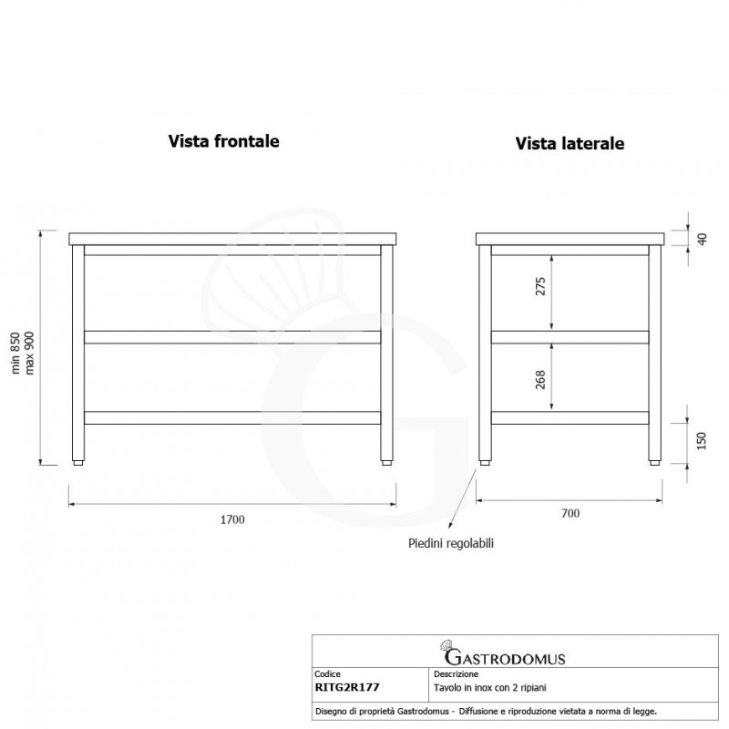 Edelstahltisch 2 Regalböden B 1700 mm x T 700 mm x H 850 mm