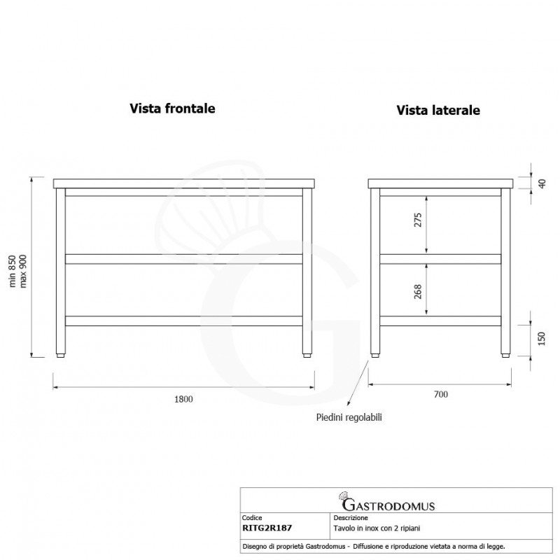 Edelstahltisch 2 Regalböden B 1800 mm x T 700 mm x H 850 mm