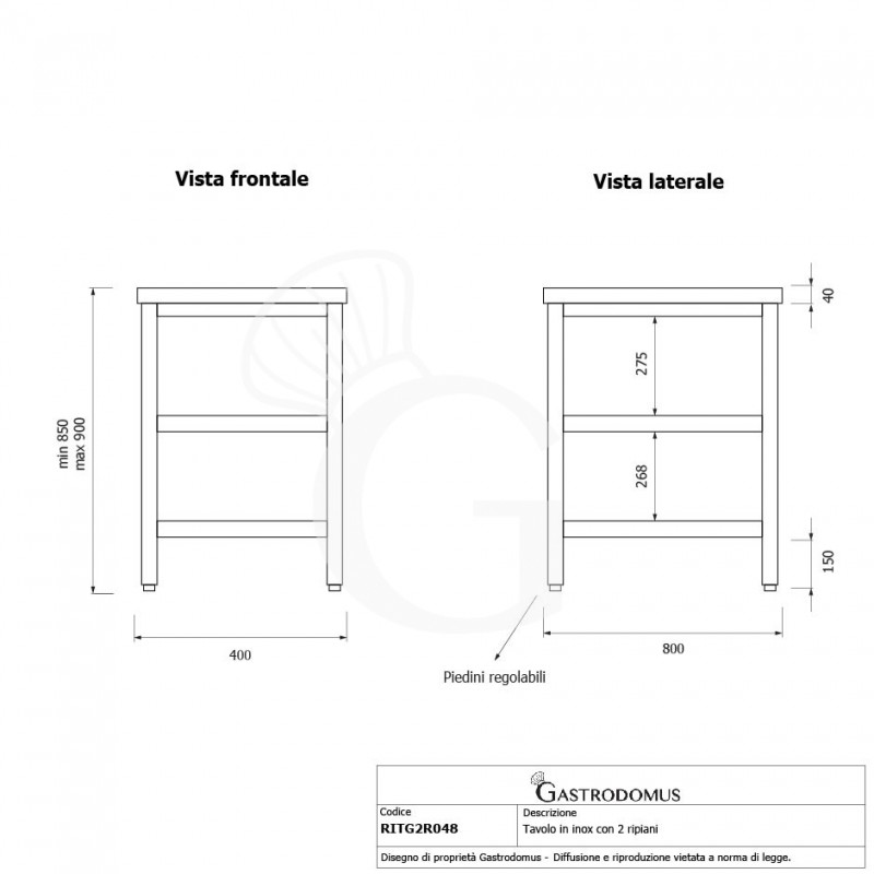 Edelstahltisch 2 Regalböden B 400 mm x T 800 mm x H 850 mm