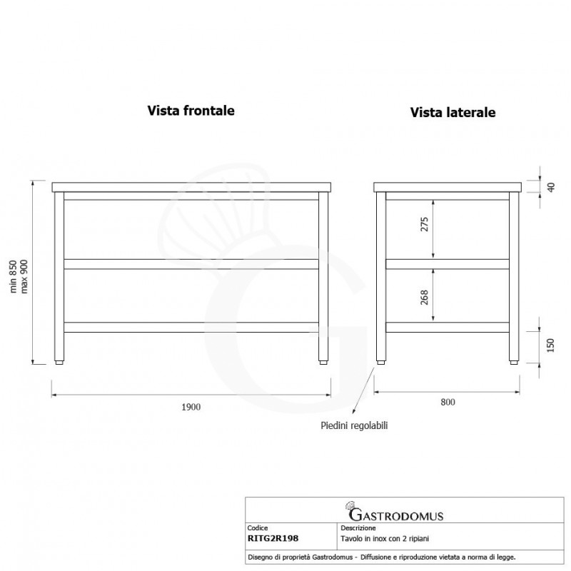 Tavolo semplice in acciaio inox con 2 ripiani e misure L 1900 mm x P 800 mm x H 850 mm