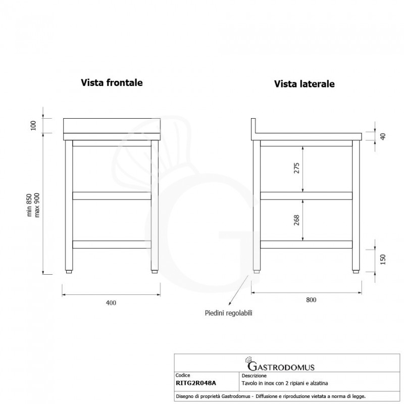 Edelstahltisch 2 Regalböden Aufsatz B 400 mm x T 800 mm x H 950 mm