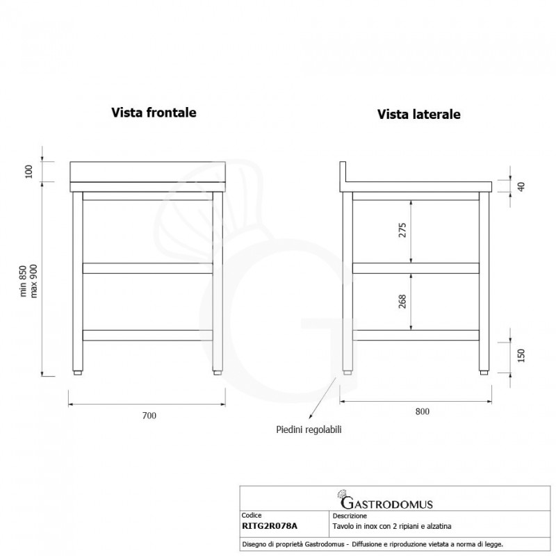 Tavolo semplice in acciaio inox con 2 ripiani, alzatina e misure L 700 mm x P 800 mm x H 850 mm