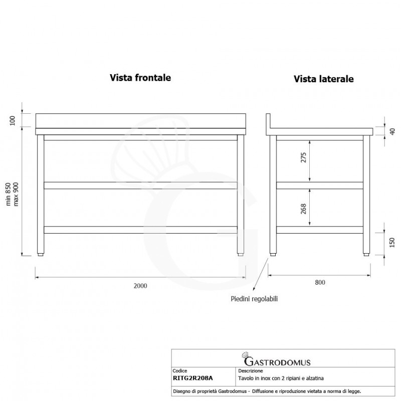Edelstahltisch 2 Regalböden Aufsatz B 2000 mm x T 800 mm x H 950 mm