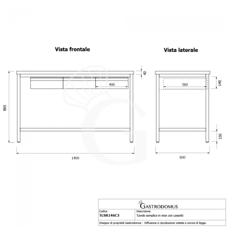 Edelstahltisch, 3 Schubladen, B 1400 mm X T 600 mm X H 865 mm