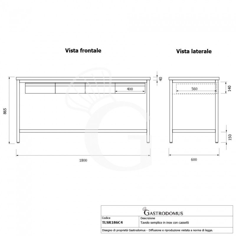 Edelstahltisch, 4 Schubladen, B 1800 mm X T 600 mm X H 865 mm
