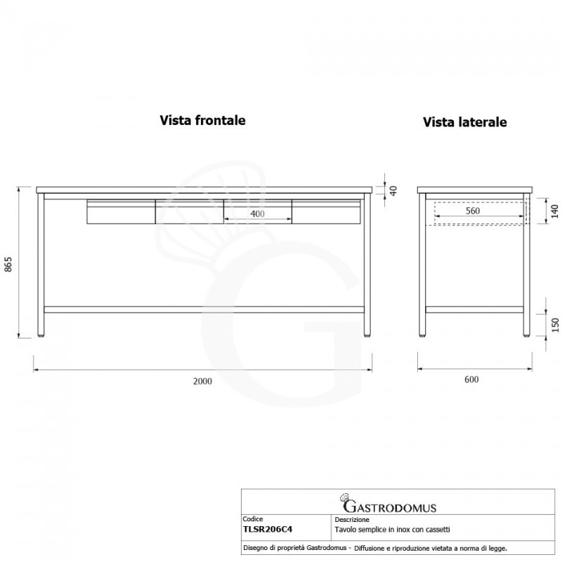 Edelstahltisch, 4 Schubladen, B 2000 mm X T 600 mm X H 865 mm