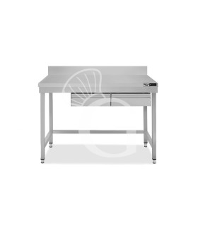 Edelstahltisch, 2 Schubladen, Aufkantung, B 1200 mm X T 600 mm X H 965 mm