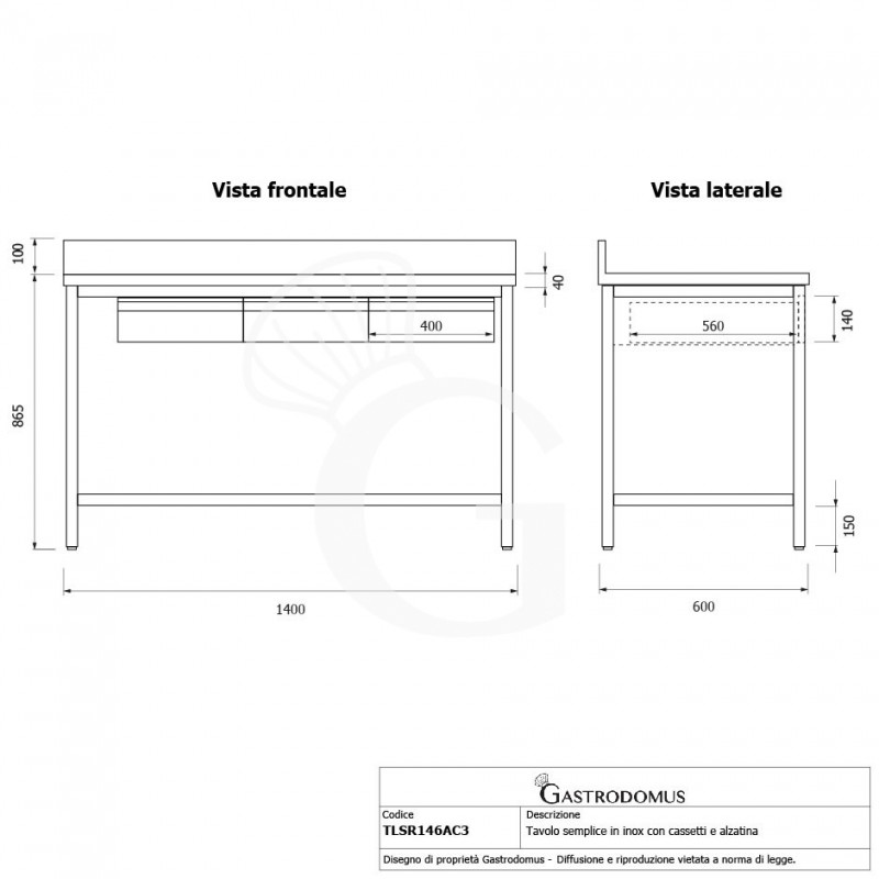 Edelstahltisch, 3 Schubladen, Aufkantung, B 1400 mm X T 600 mm X H 965 mm