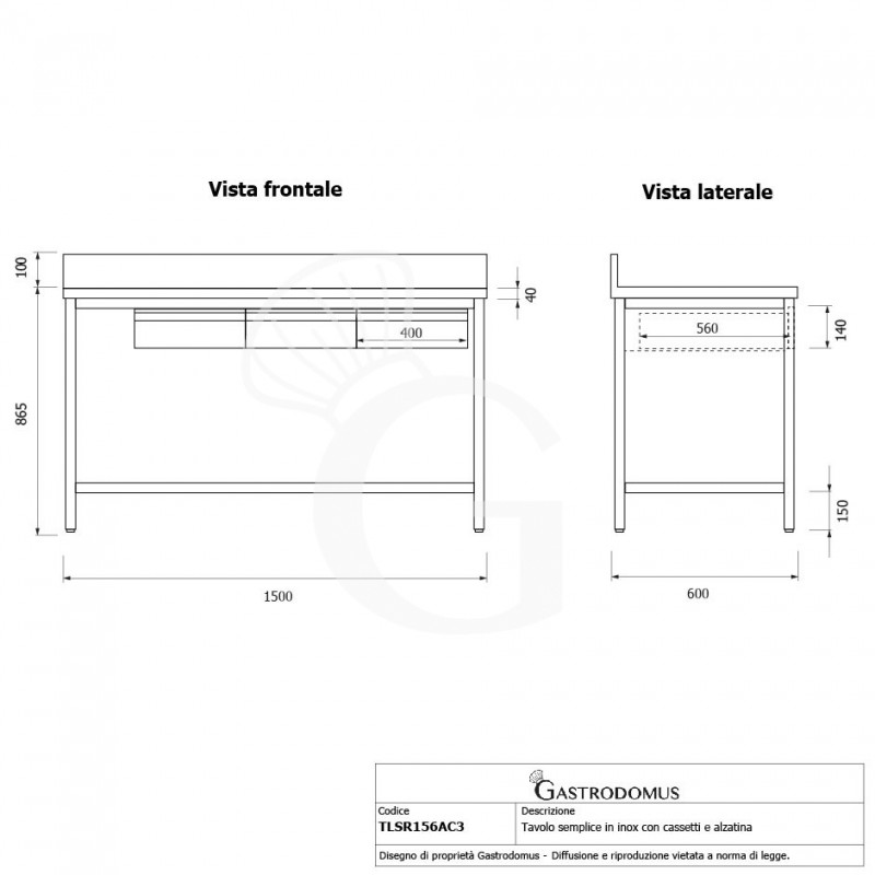 Edelstahltisch, 3 Schubladen, Aufkantung, B 1500 mm X T 600 mm X H 965 mm