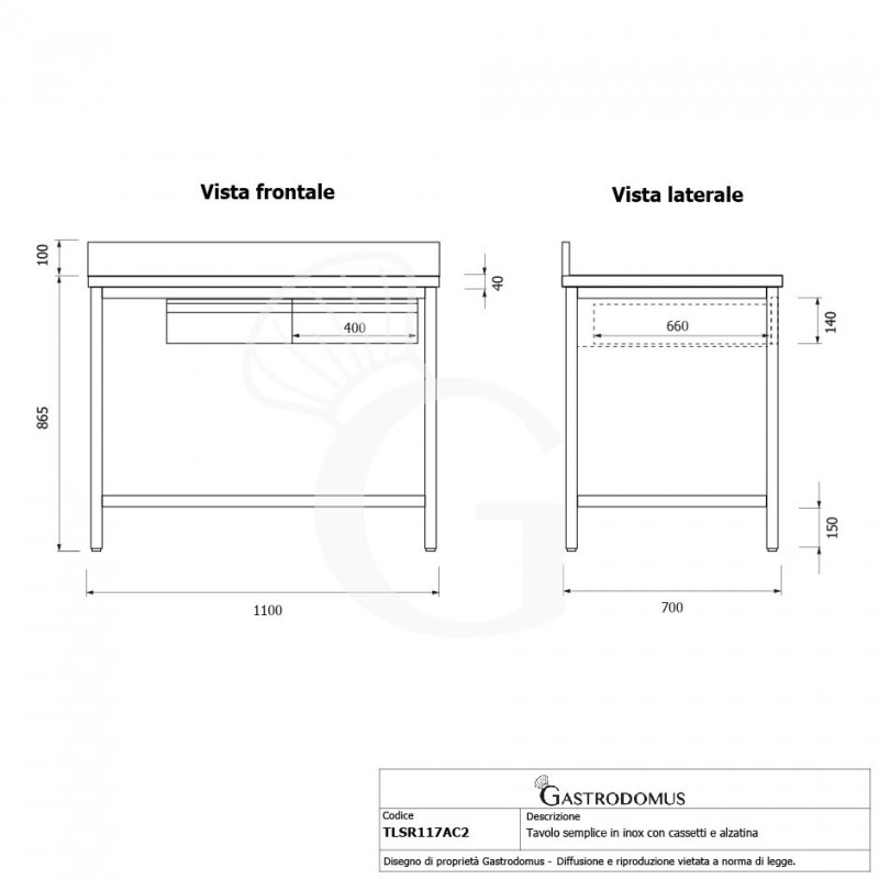 Edelstahltisch, 2 Schubladen, Aufkantung, B 1100 mm X T 700 mm X H 965 mm