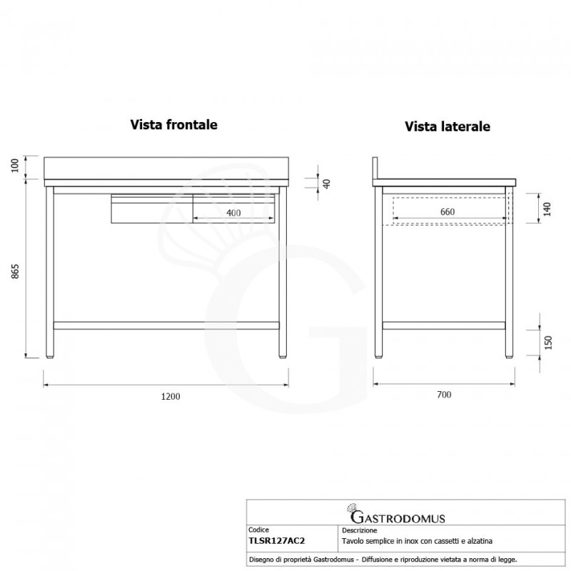 Edelstahltisch, 2 Schubladen, Aufkantung, B 1200 mm X T 700 mm X H 965 mm