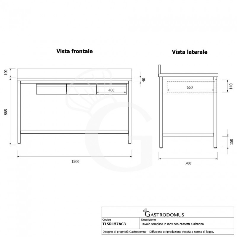 Edelstahltisch, 3 Schubladen, Aufkantung, B 1500 mm X T 700 mm X H 965 mm