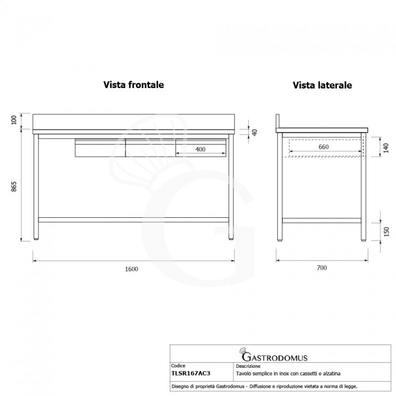 Edelstahltisch, 3 Schubladen, Aufkantung, B 1600 mm X T 700 mm X H 965 mm