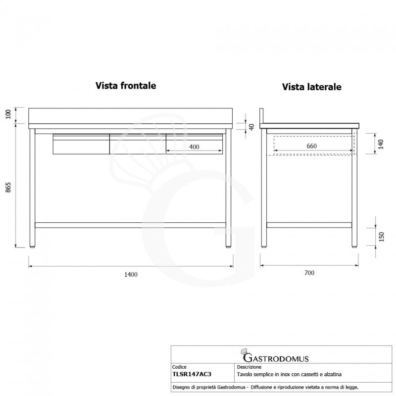 Edelstahltisch, 3 Schubladen, B 1400 mm X T 700 mm X H 865 mm