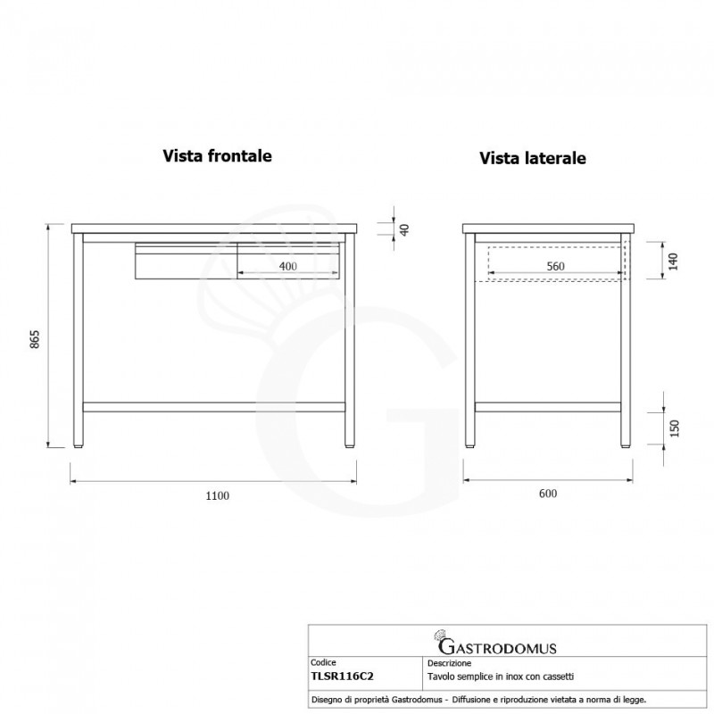 Edelstahltisch, Grundboden, 2 Schubladen, B 1100 mm X T 600 mm X H 865mm