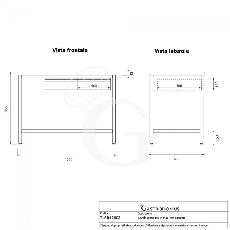 Edelstahltisch, Grundboden, 2 Schubladen, B 1200 mm X T 600 mm X H 865mm