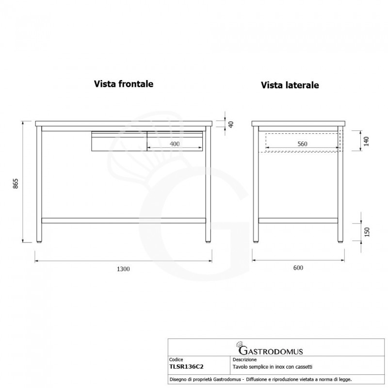 Edelstahltisch, Grundboden, 2 Schubladen, B 1300 mm X T 600 mm X H 865mm