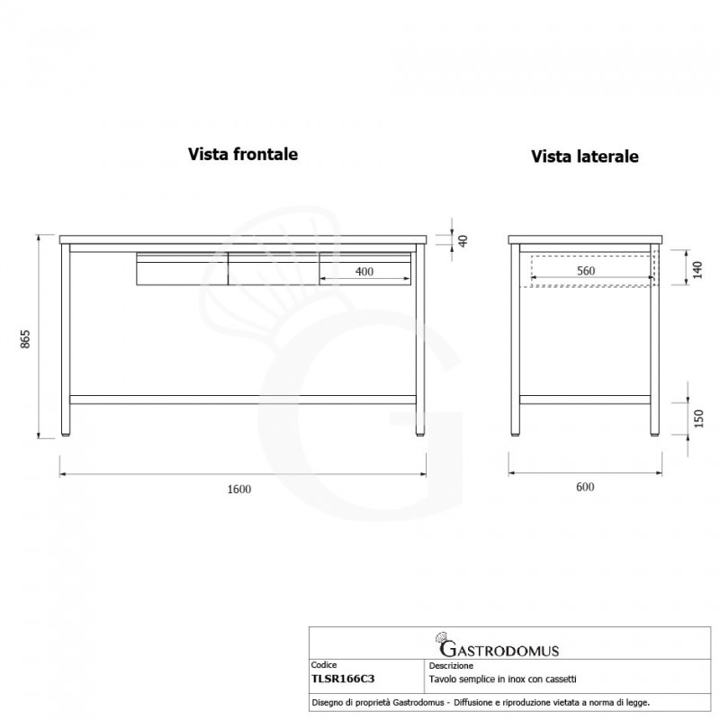 Edelstahltisch, Grundboden, 3 Schubladen, B 1600 mm X T 600 mm X H 865mm