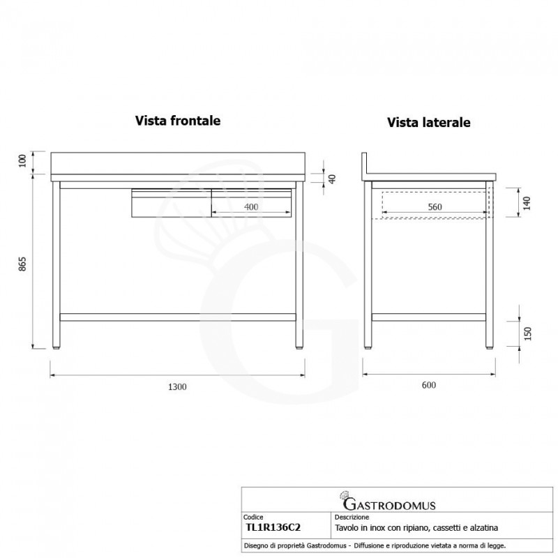 Edelstahltisch, Grundboden, Aufkantung, 2 Schubladen, B 1300 mm X T 600 mm X H 965 mm