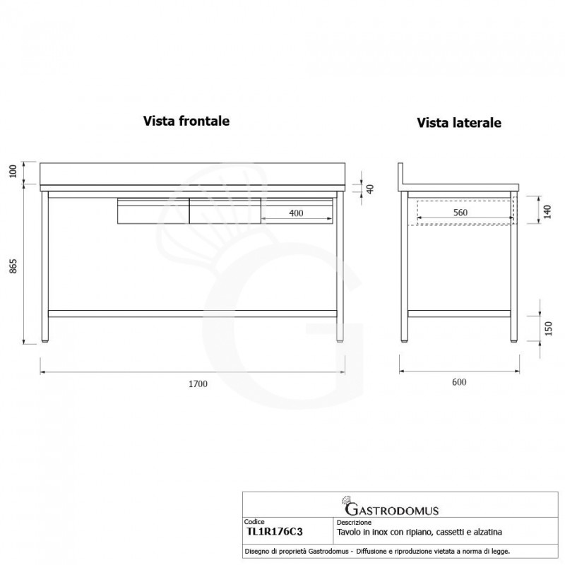 Edelstahltisch, Grundboden, Aufkantung, 3 Schubladen, B 1700 mm X T 600 mm X H 965 mm