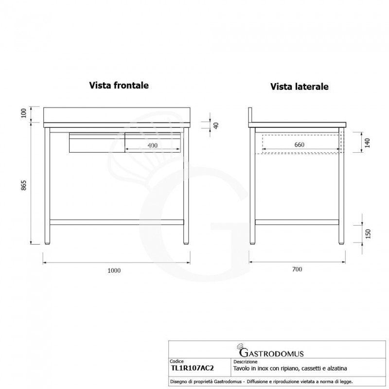 Edelstahltisch, Grundboden, Aufkantung, 2 Schubladen, B 1000 mm X T 700 mm X H 965 mm