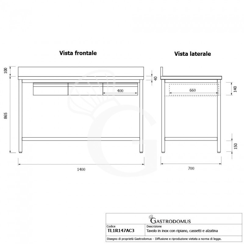Edelstahltisch, Grundboden, Aufkantung, 3 Schubladen, B 1400 mm X T 700 mm X H 965 mm