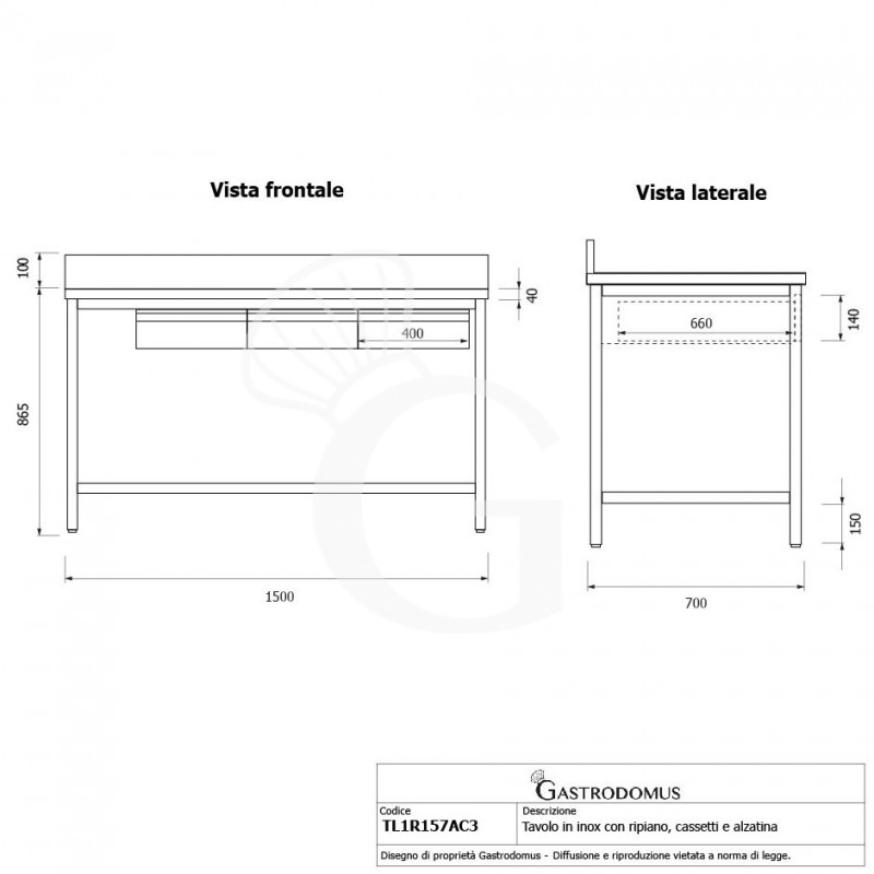 Edelstahltisch, Grundboden, Aufkantung, 3 Schubladen, B 1500 mm X T 700 mm X H 965 mm