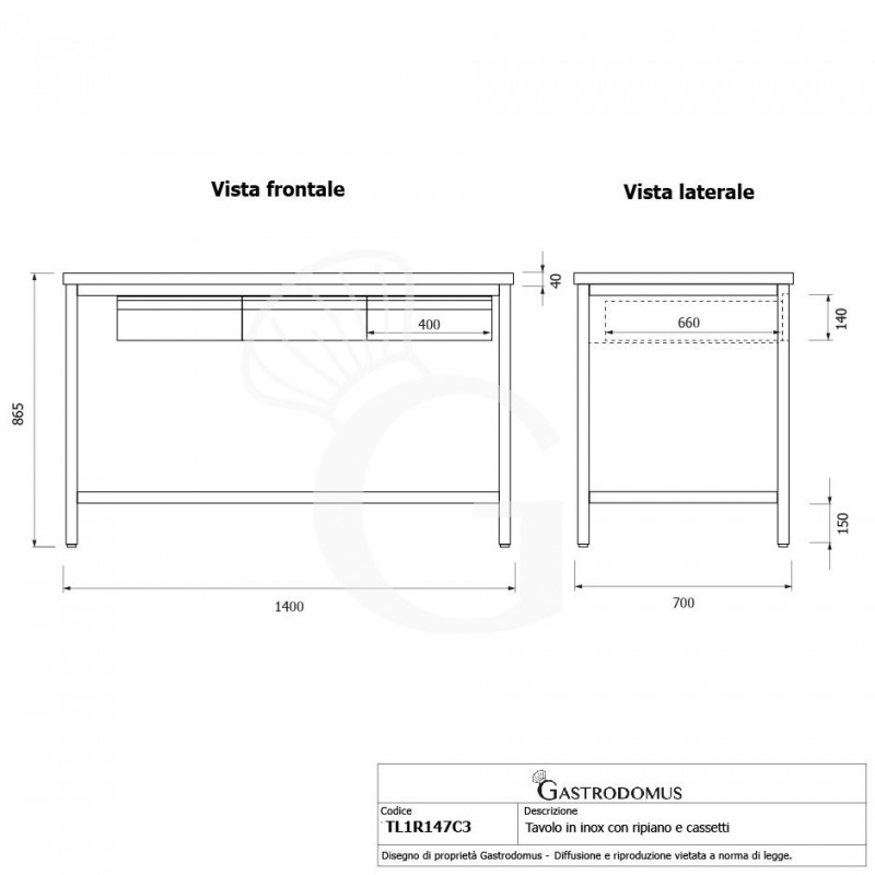 Edelstahltisch, Grundboden, 3 Schubladen, B 1400 mm X T 700 mm X H 865 mm