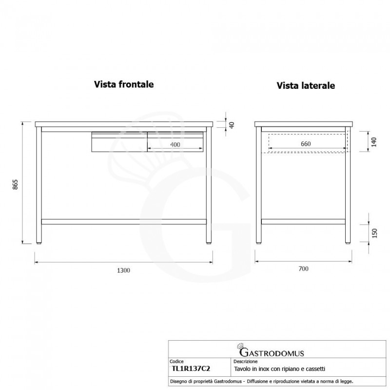 Edelstahltisch, Grundboden, 2 Schubladen, B 1200 mm X T 700 mm X H 865 mm