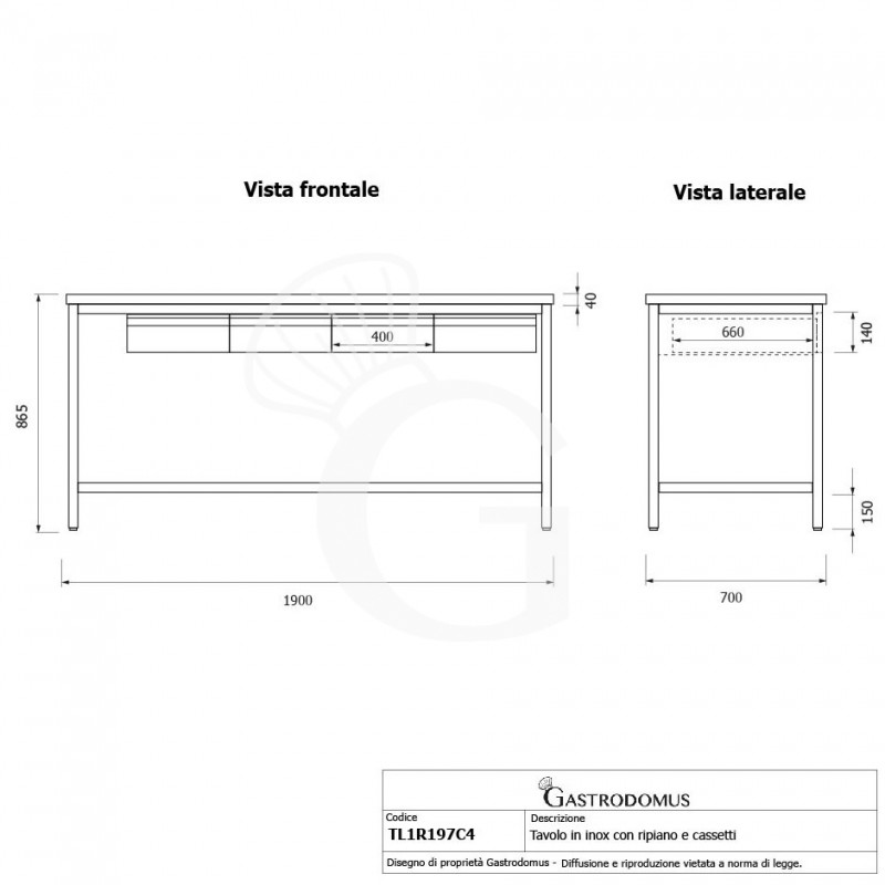 copy of Tavolo semplice in acciaio inox con piano, 4 cassetti e misure L 1800 mm x P 700 mm x H 850 mm