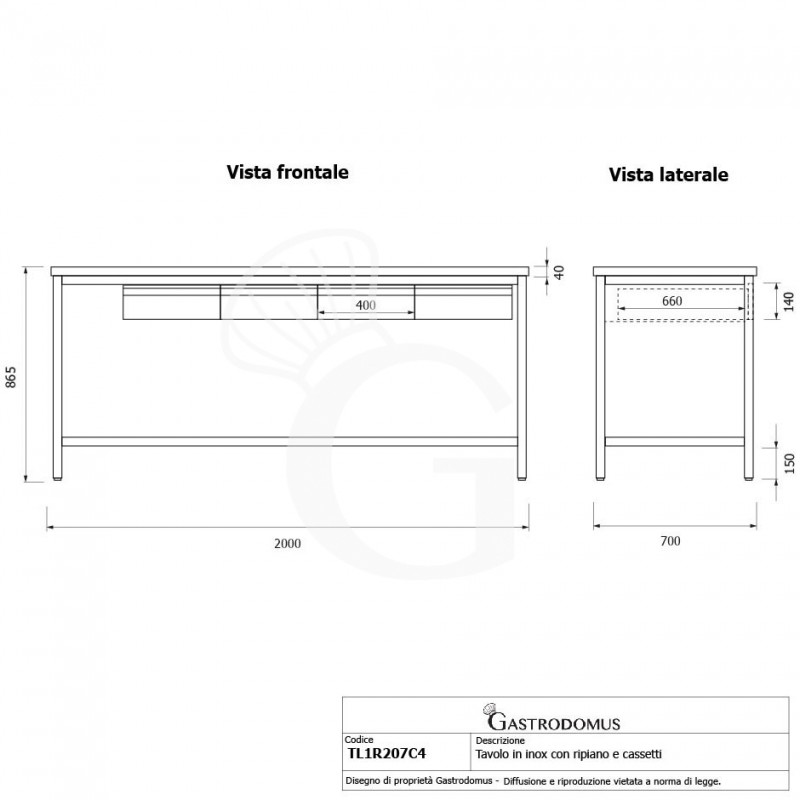 copy of Tavolo semplice in acciaio inox con piano, 4 cassetti e misure L 2000 mm x P 700 mm x H 850 mm