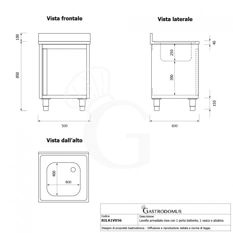 Spülschrank, Edelstahl, 1 Flügeltür, 1 Becken, Aufkantung, B 500 mm x T 600 mm x H 950 mm