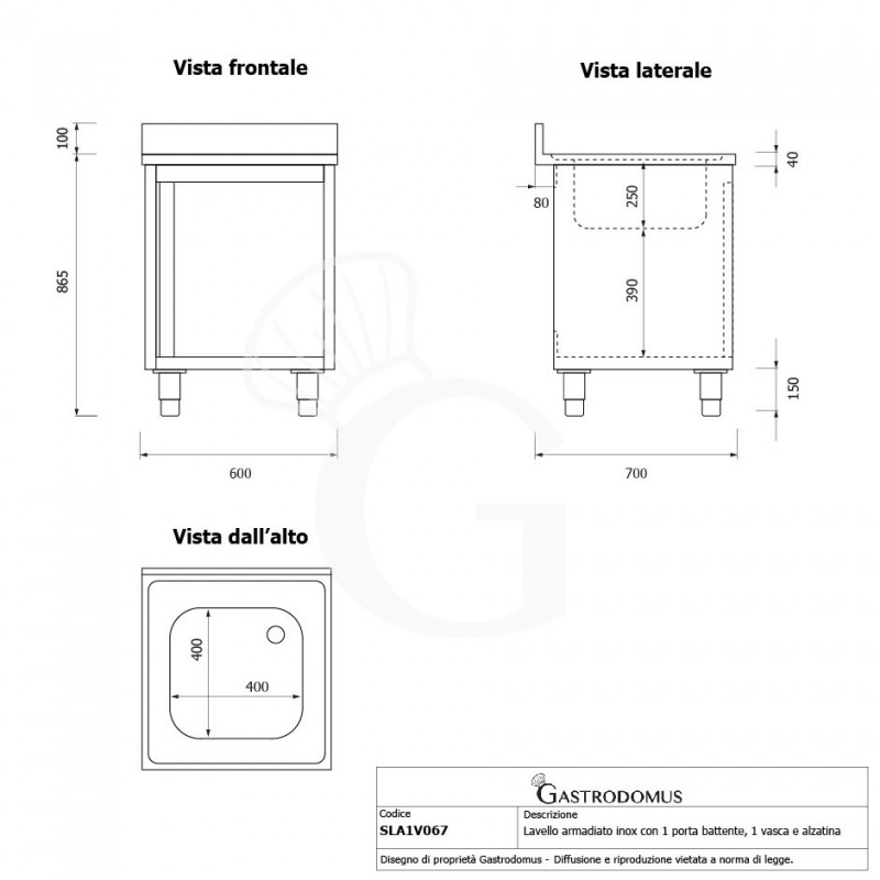 Spülschrank, Edelstahl, 1 Flügeltür, 1 Becken, Aufkantung, Hahnloch Ø 32 mm, B 600 mm x T 700 mm x H 965 mm