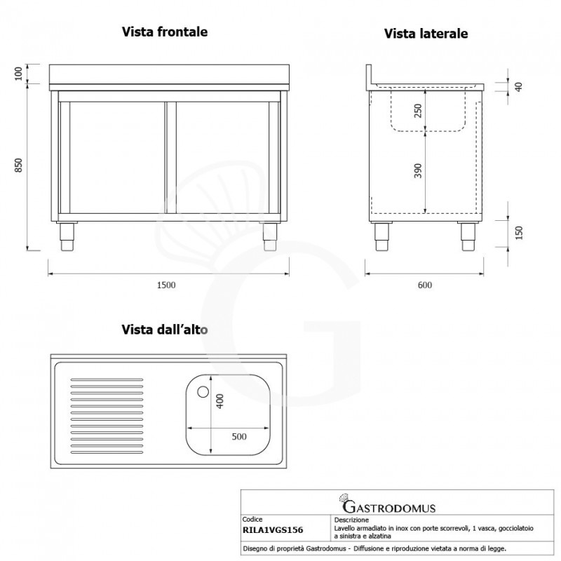 Spülschrank, Edelstahl, Abtropffläche links, Schiebetüren, 1 Becken, Aufkantung, B 1500 mm x T 600 mm x H 950 mm
