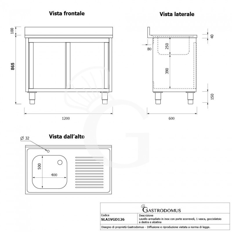 Spülschrank, Edelstahl, Schiebetüren, 1 Becken, Abtropffläche rechts, Aufkantung, B 1200 x T 600 x H 965 mm, Hahnloch (Ø 32 mm)