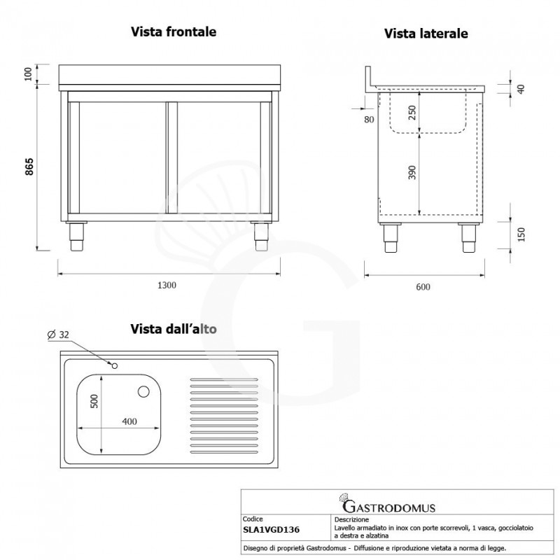 Spülschrank, Edelstahl, Schiebetüren, 1 Becken, Abtropffläche rechts, Aufkantung, B 1300 x T 600 x H 965 mm, Hahnloch (Ø 32 mm)