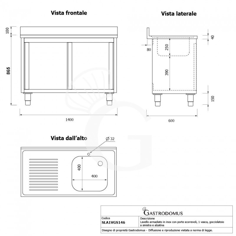 Spülschrank, Edelstahl, Schiebetüren, 1 Becken, Abtropffläche links, B 1300 x T 600 x H 965 mm, Hahnloch (Ø 32 mm)