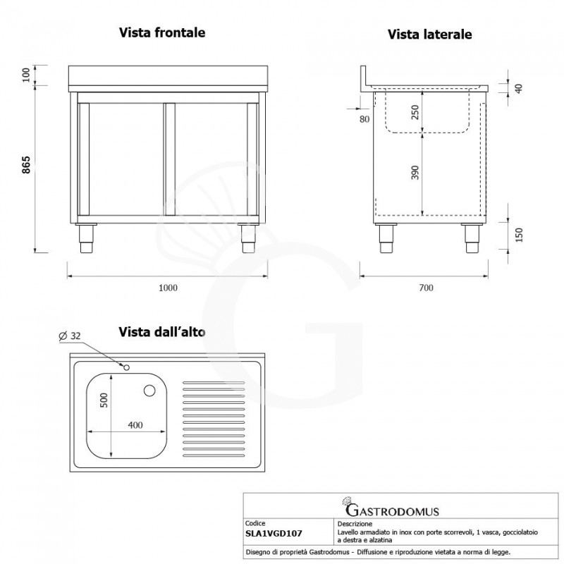 Spülschrank, Edelstahl, Schiebetüren, 1 Becken, Abtropffläche rechts, Aufkantung, Hahnloch Ø 32 mm, B 1000 x T 700 x H 965 mm