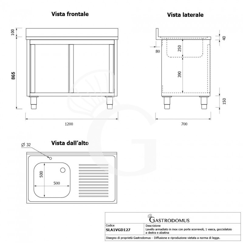 Spülschrank, Edelstahl, Schiebetüren, 1 Becken, Abtropffläche rechts, Aufkantung, Hahnloch Ø 32 mm, B 1200 x T 700 x H 965 mm