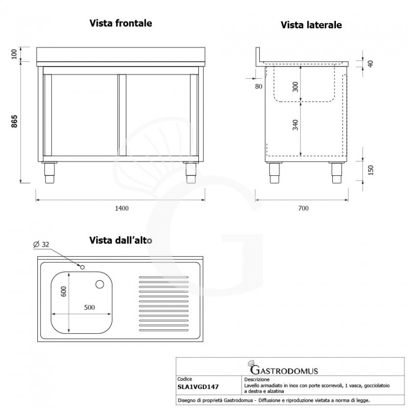Spülschrank, Edelstahl, Schiebetüren, 1 Becken, Abtropffläche rechts, Aufkantung, Hahnloch Ø 32 mm, B 1400 x T 700 x H 965 mm