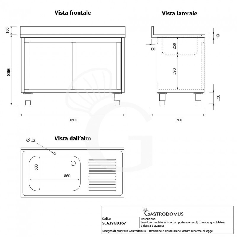 Spülschrank, Edelstahl, Schiebetüren, 1 Becken, Abtropffläche rechts, Aufkantung, Hahnloch Ø 32 mm, B 1600 x T 700 x H 965 mm