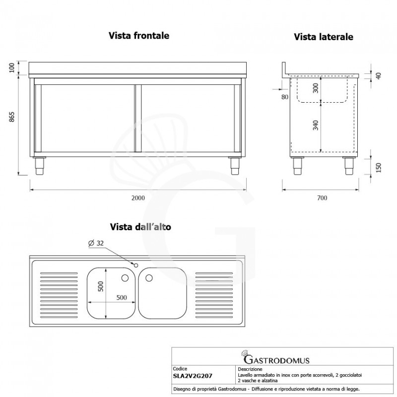 Spülschrank, Edelstahl, Schiebetüren, 2 Becken, 2 Abtropfflächen, Aufkantung, Hahnloch Ø 32 mm, B 2000 x T 700 x H 965 mm
