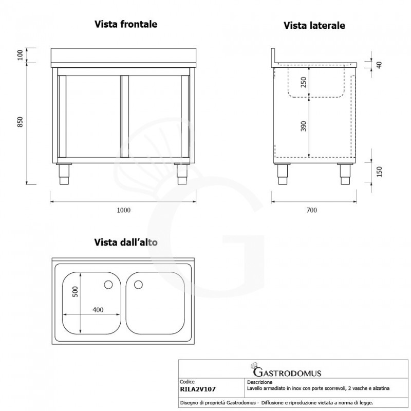 Spülschrank, Edelstahl, Schiebetüren, 2 Becken, Aufkantung, B 1000 mm x T 700 mm x H 950 mm