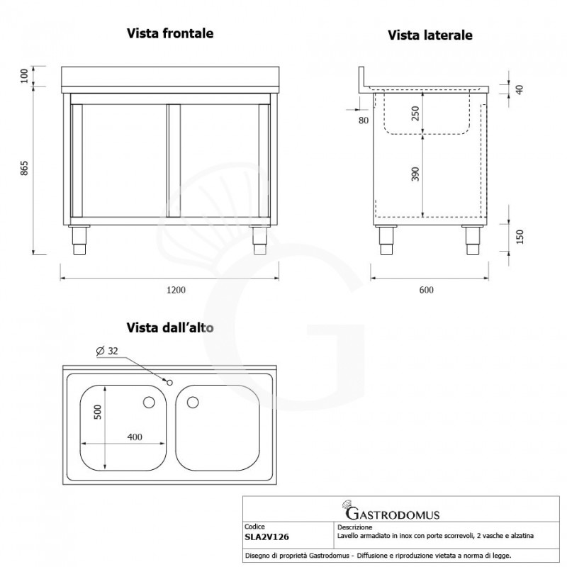 Spülschrank, Edelstahl, Schiebetüren, 2 Becken, Aufkantung, B 1200 x T 600 x H 965 mm, Hahnloch (Ø 32 mm)