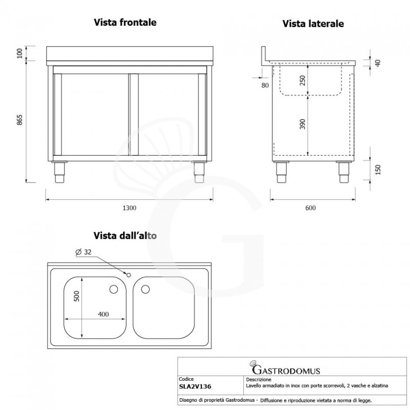 Spülschrank, Edelstahl, Schiebetüren, 2 Becken, Aufkantung, B 1300 x T 600 x H 965 mm, Hahnloch (Ø 32 mm)
